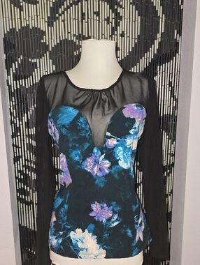 Guess Black Long Sleeve Floral Mesh Top with Blue and Purple Flowers Size Medium